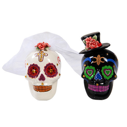 Day of the Dead Sugar Skull Wedding Couple Salt and Pepper Shaker Set
