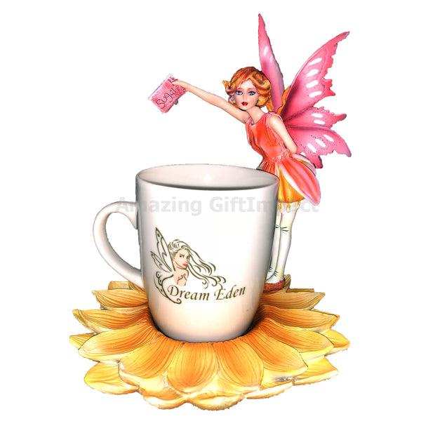 Dream Eden Red Tea Sugar Fairy Figurine with Drinking Mug and Sunflower Plate