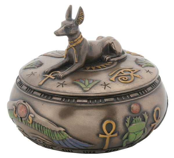 3.75 Inch Round Canine Anubis Box with Ankh and Scarab Symbols