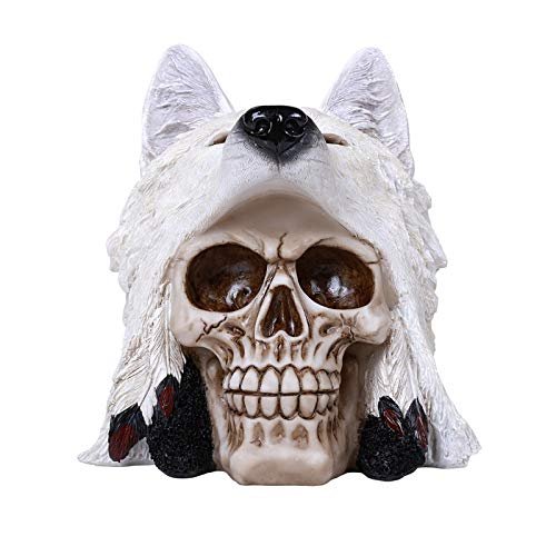 Pacific Giftware Skull with White Wolf Statue Collectible Home Decor Resin