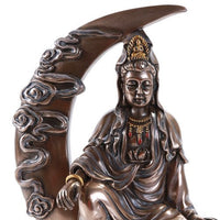 Pacific Giftware Bronze Kuan Yin Kwan Ying Statue Figure Deity Chinese Goddess of Compassion on Crescent Moon