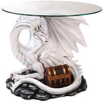 White Dragon Chest Table With Glass, White Resin 19"H
