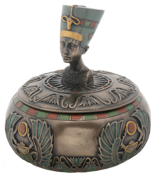YTC 4 Inch Round Nefertiti Bust Box with Winged Scarab Engravings