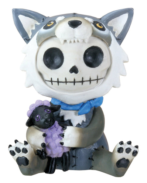 SUMMIT COLLECTION Furrybones Wolfgang Signature Skeleton in Wolf Costume Holding onto a Purple Sheep