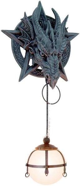 Medieval Fantasy Pentagram Dragon Sculptural Wall Lamp With Hanging Light Orb