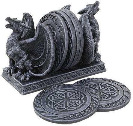 CASTLE DOUBLE DRAGON TABLE COASTERS SET SCULPTURE COOL FINISH