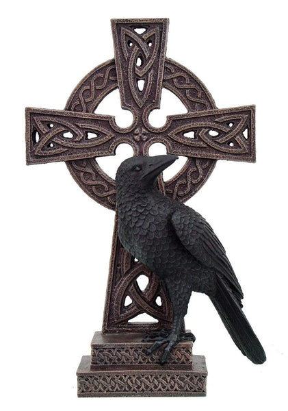 12 Inch Celtic Cross and Dark Raven Hand Painted Statue Figurine