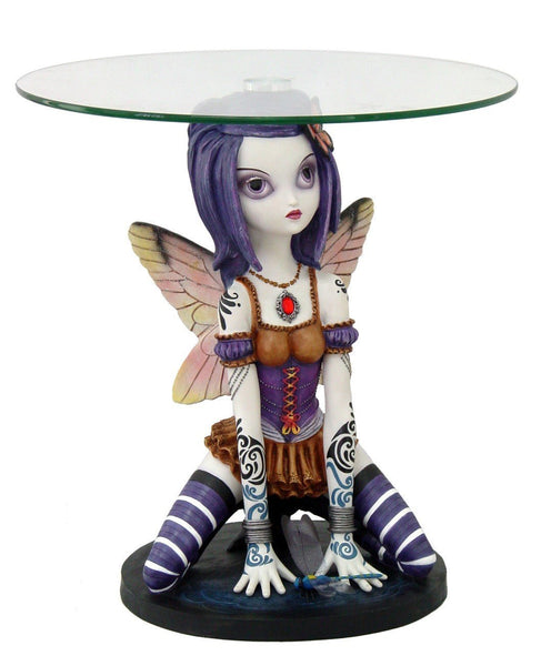 21 Inch Teri Gothic Biker Fairy Glass Top Side Table Statue Figurine
