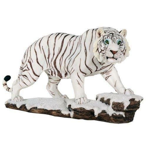 White Siberian Tigers Trotting On Snowcap Rocks Wildlife 11 Inch Collectible Fig