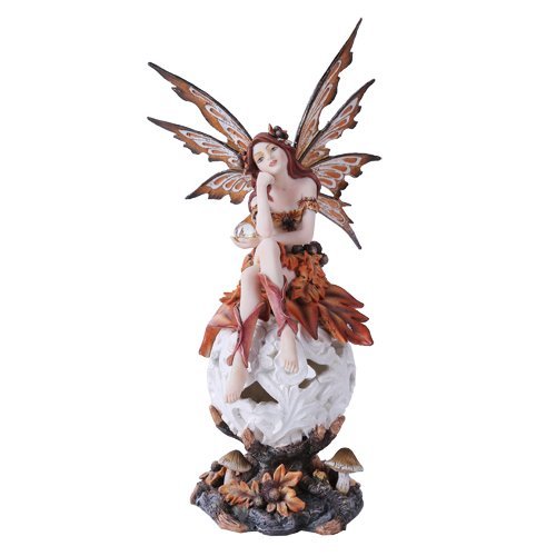 Autumn Fairie Sitting on Changing Color Led Orb Meadow Mushroom Fairy Statue