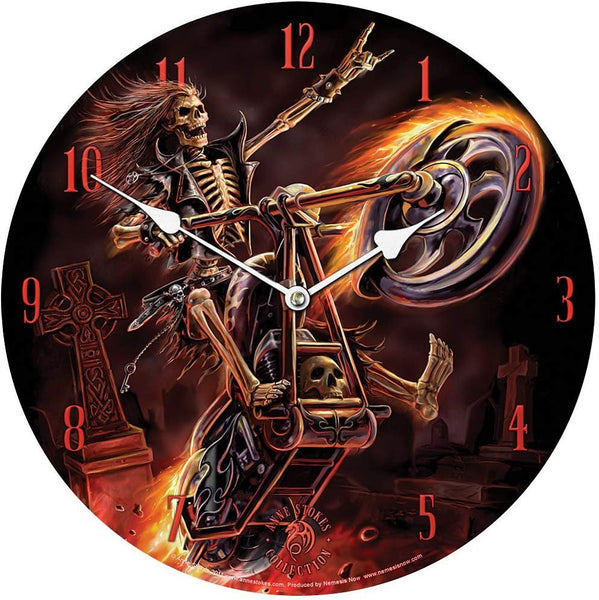 13.5" "Hell Rider" Skeleton Motorcycle Chopper Anne Stokes Collection Fantasy Goth Angel Art Round Wall Clock