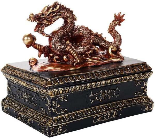 Oriental Fengshui Bronze Dragon Holding Orb Trinket Box