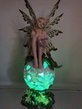 Spring Flower Fairie Sitting on Changing Color Led Orb Meadow Green Fairy Statue