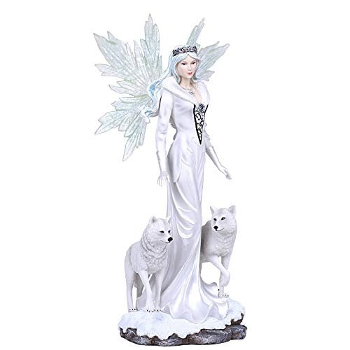 ABZ Brand Large Fantasy White Frozen Queen Winged Fairy with Wolves on Ice Rock Figurine - 21.5 inches Tall