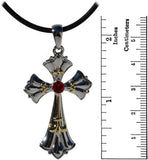Masada Jewelry, Cross with Red Studded Gemstone Metal Pendant Rope Necklace