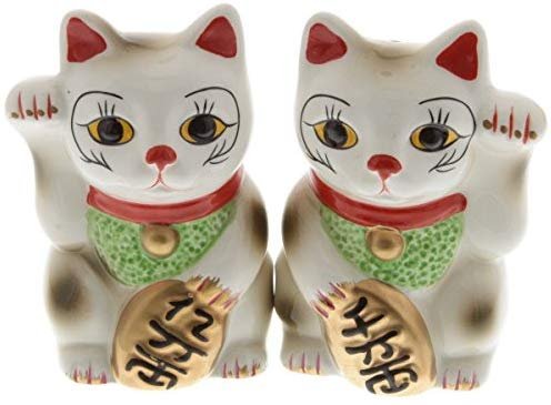 Japanese Maneki Neko - Magnetized Ceramic Salt & Pepper Shakers