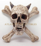 CROSS BONES HORNED DEVIL SKULL STATUE WALL PLAQUE RESIN FIGURINE AWESOME DETAILS