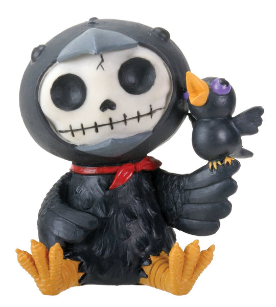 SUMMIT COLLECTION Furrybones Leopold Signature Skeleton in Black Raven Costume with a Little Raven Perched on Wing