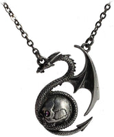 Masada Jewelry, Pewter Dragon with Man Skull Pendant Necklace