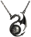 Masada Jewelry, Pewter Dragon with Man Skull Pendant Necklace