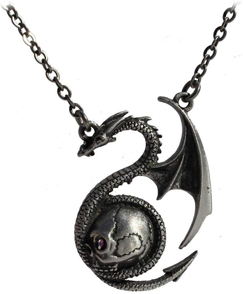 Masada Jewelry, Pewter Dragon with Man Skull Pendant Necklace