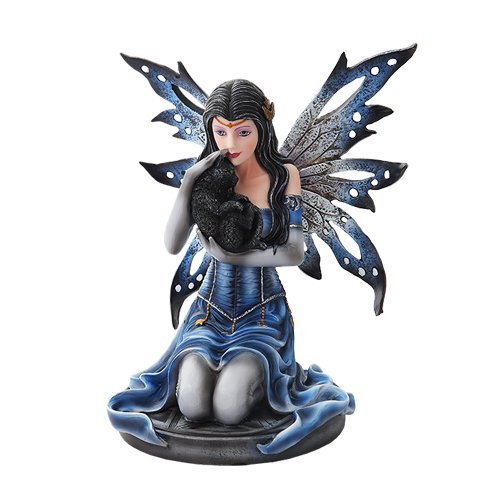 8.5 Inch Blue Winged Mystical Fairy Cradling Cat Statue Figurine