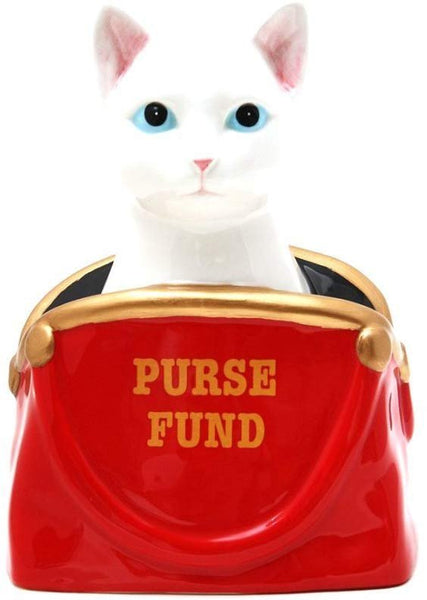 6.50 Inch Ceramic White Cat "Purse Fund" Savings Piggy/Coin/Money Bank