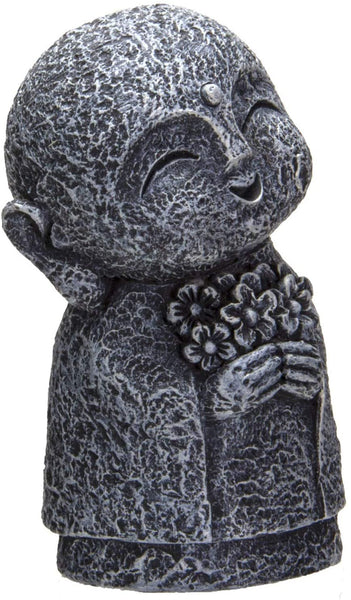 Eastern Enlightenment Happy Japanese Jizo Monk Holding a Batch of Flowers Resin Figurine