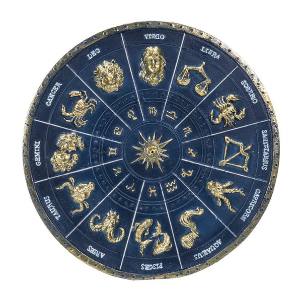 Zodiac Birth Chart Stick Incense Burner Midnight Blue and Gold Accents 6.3” Diameter Horoscope Design