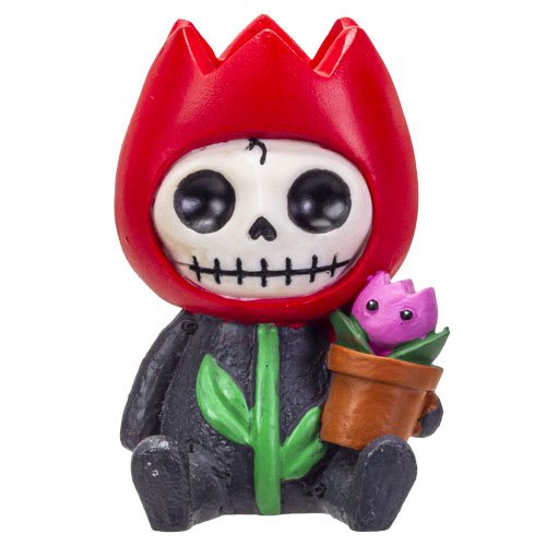 Furrybones Tully Signature Skeleton in a Red Tulip Costume with a Potted Pink Tulip Friend 3.5” Tall