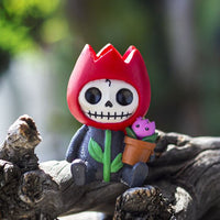 Furrybones Tully Signature Skeleton in a Red Tulip Costume with a Potted Pink Tulip Friend 3.5” Tall
