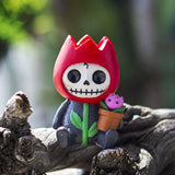 Furrybones Tully Signature Skeleton in a Red Tulip Costume with a Potted Pink Tulip Friend 3.5” Tall