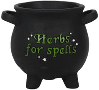Pacific Giftware Terracotta “Herbs for Spells” Cauldron Indoor Garden Planter, Matte Black 7” Tall