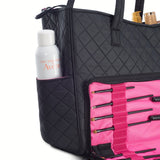 KIOTA Beauty Bag - Ideal for Bottles - Makeup Brush Storage Pocket and Outer Pockets - Quilted Finish Shoulder Bag Cosmetic Organizer - Midnight black