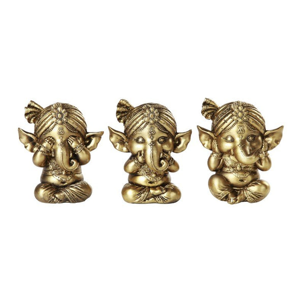 PACIFIC GIFTWARE Set of Three Ganesha See No Evil Hear No Evil Speak No Evil Decorative Shelf Sitter Figurines 4 inch tall Gold Finish