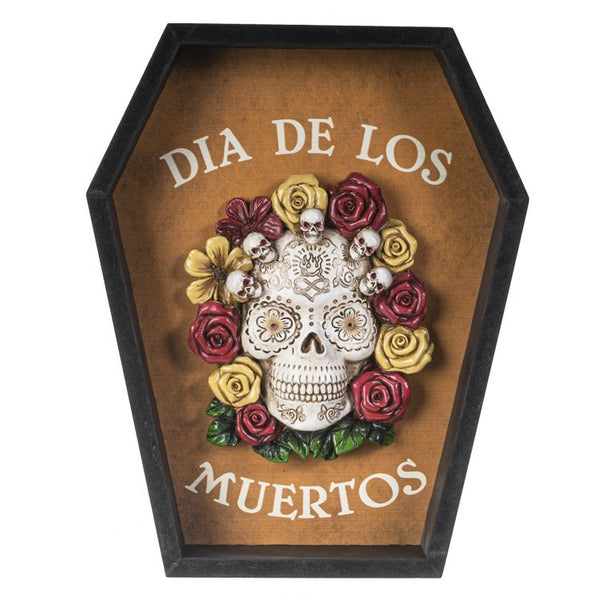 Pacific Giftware Dia de Los Muertos Sugar Skull Crown Flower Arrangement Coffin Plaque 6.75” Tall