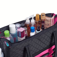 KIOTA Beauty Bag - Ideal for Bottles - Makeup Brush Storage Pocket and Outer Pockets - Quilted Finish Shoulder Bag Cosmetic Organizer - Midnight black
