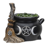 Pacific Giftware Triple Moon Green Cauldron with Broom LED Home Decor Accent 4.5” Tall