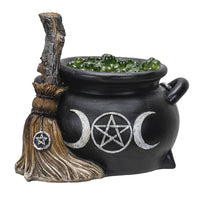 Pacific Giftware Triple Moon Green Cauldron with Broom LED Home Decor Accent 4.5” Tall