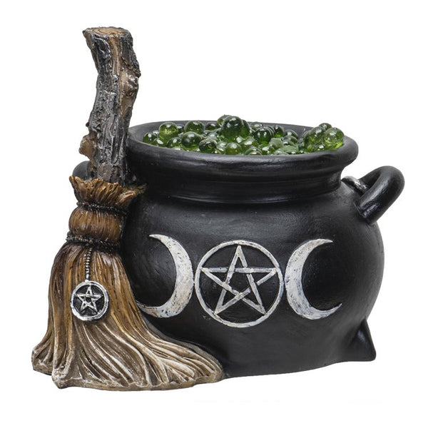 Pacific Giftware Triple Moon Green Cauldron with Broom LED Home Decor Accent 4.5” Tall