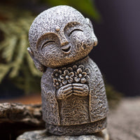 Eastern Enlightenment Happy Japanese Jizo Monk Holding a Batch of Flowers Resin Figurine